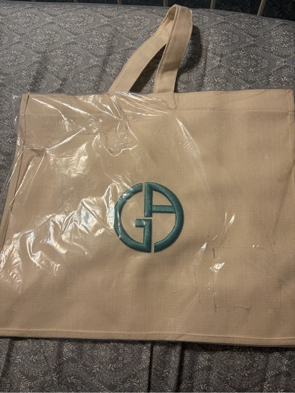 Giorgio Armani Beige Canvas Tote with Teal Logo